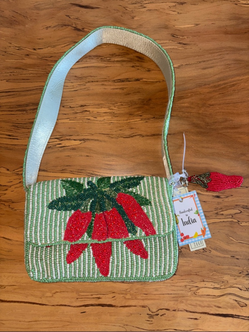 Viral Handmade Green Beaded Shoulder Bag with Red Chili Motif